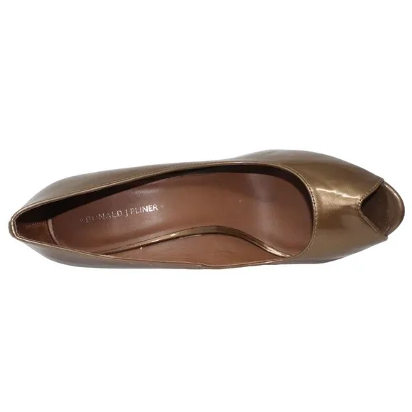 Donald J Pliner Size 9 M Beige Brown Habiki Patent Leather Peeptoe Wedge Heels - Picture 7 of 9